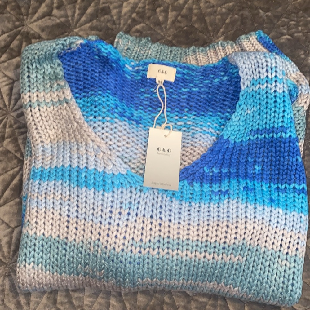 O&O Blue Multicolor Oversized Drop Shoulders Stripe Cable Knit Sweater Top NWT - Picture 7 of 13